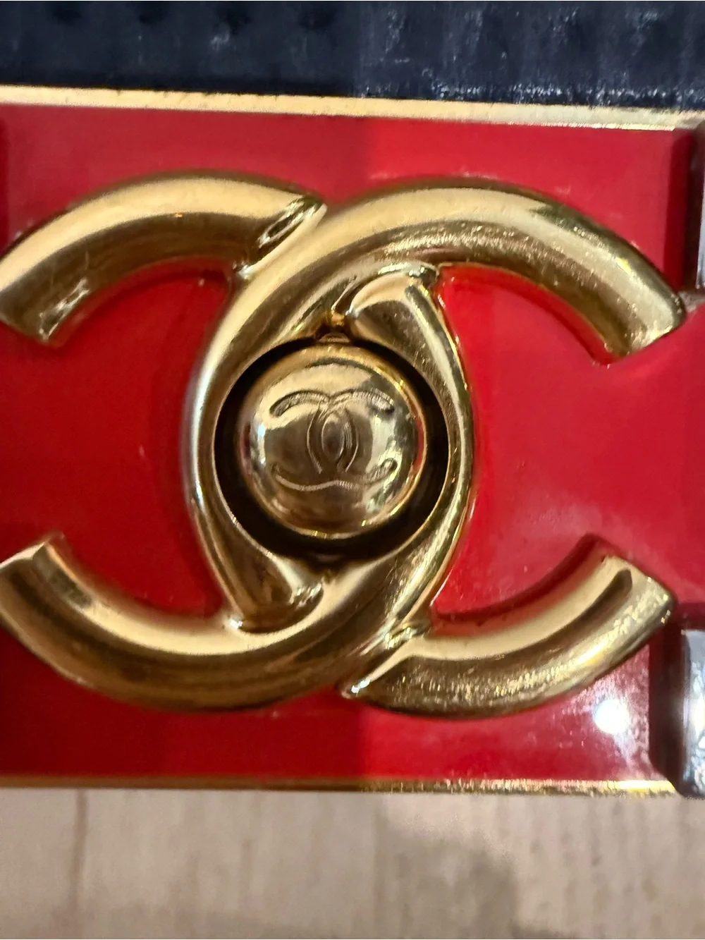 Authentic Chanel Navy Quilted Medium Boy Bag with Red & Gold Accent
